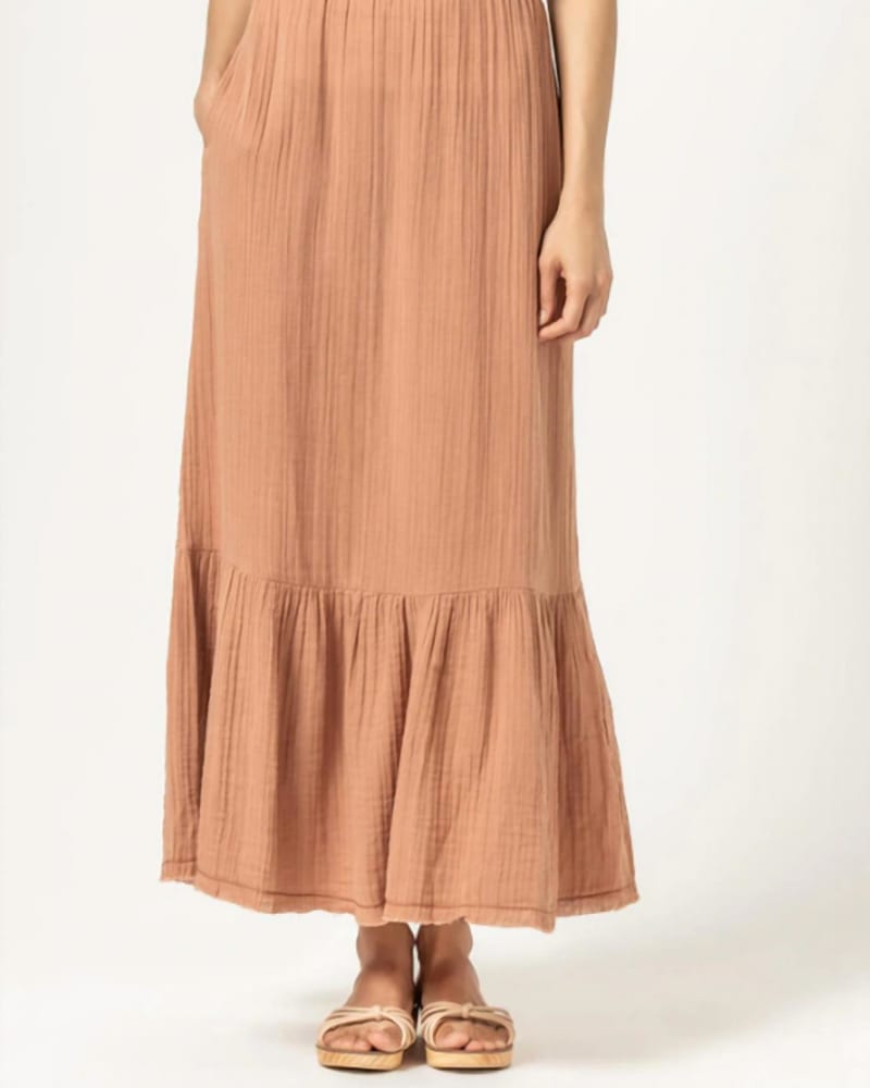 Front of a model wearing a size XL Pull On Peplum Skirt in Carob in Carob by Lilla P. | dia_product_style_image_id:339272